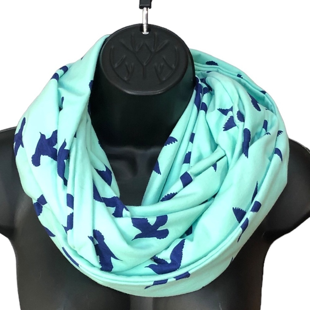 Aqua Infinity Scarf with Print of Navy Blue Birds in Flight​​​​